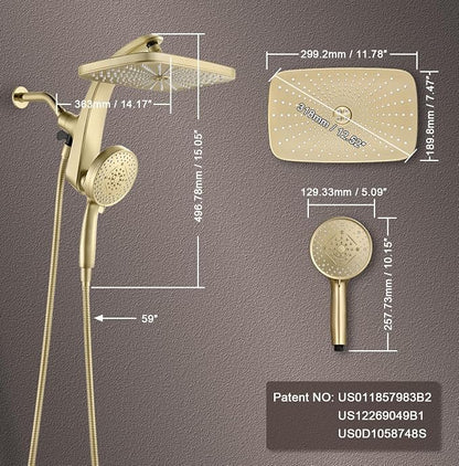BOZYBO Rain Shower Head with Handheld: High Pressure Shower Heads with Handheld Spray Combo, 12" Rainfall Shower Head and 9 Sprays Hand Showerheads with Magnetic Docking and Power Jets, Gold 1.75GPM