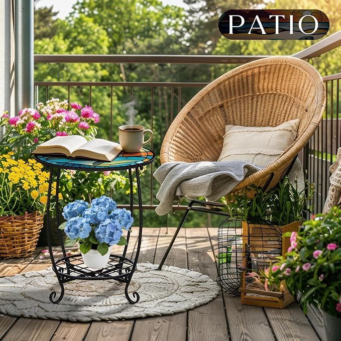 Cinnvoice Outdoor Side Table Round Small Mosaic Patio Accent Indoor End Plant