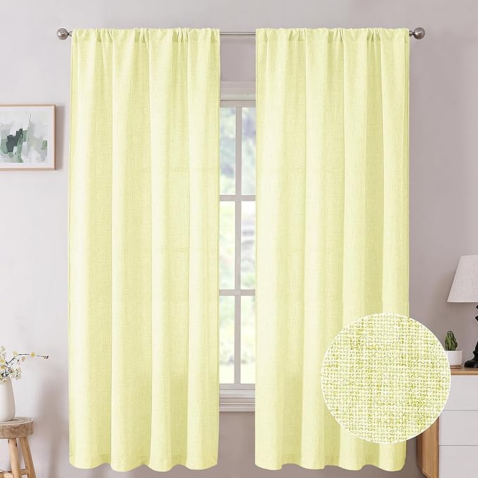Tollpiz Short Linen Curtains Living Room Rod Pocket Semi Sheer Curtain Burlap Light Filtering Thick Linen Drapes for Bedroom, 54 x 54 inches Long, Cream Yellow, Set of 2 Panels