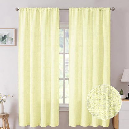 Tollpiz Short Linen Curtain Bedroom Rod Pocket Semi Sheer Curtains Burlap Light Filtering Thick Linen Drape for Living Room, 38 x 54 inches Long, Cream Yellow, Set of 2 Panels