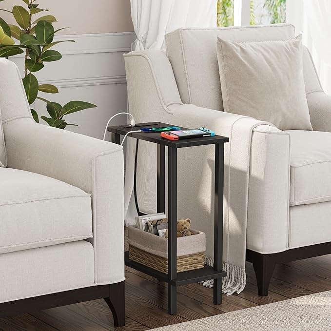 TUTOTAK Small End Table with Charging Station, Narrow Side Table with USB Ports