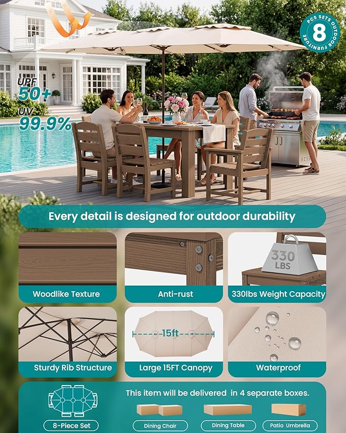 SERWALL Patio Dining Set with 15FT Double Side Umbrella, Outdoor Dining Sets