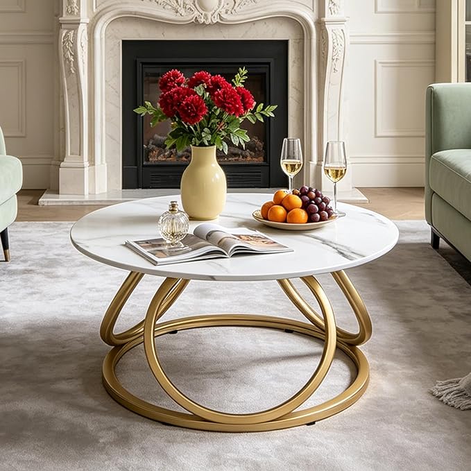 O&K FURNITURE Gold Round Coffee Table, Faux Marble Top