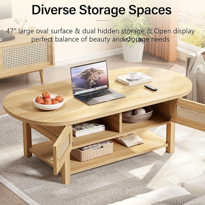 LVB Rattan Coffee Table, Boho Wood Living Room Table
