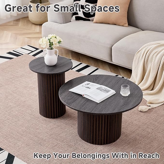 Round Nesting Coffee Table Set of 2 Mid Century Modern Wood Round Coffee Tables