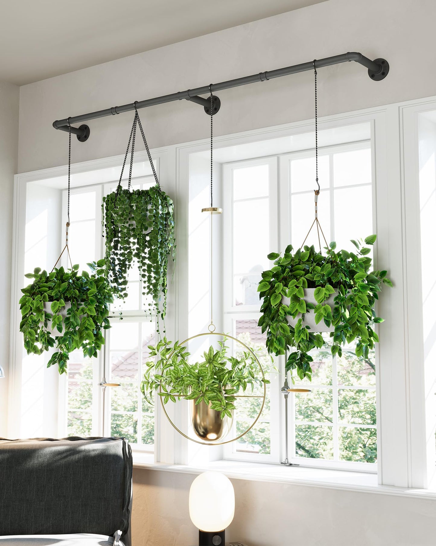 SOFITORG Plant Haning Rod, Hanging Planters for Indoor Plants with 6 Chains, Wall Plant Hanging Bar for Window Celling, 65.7 Inch, Metal Black, Pots Not Included