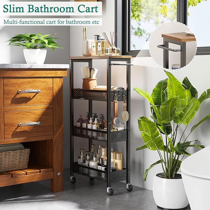 XYZLVSI Slim Storage Cart 4 Tier Narrow Kitchen Rolling Cart on Wheels