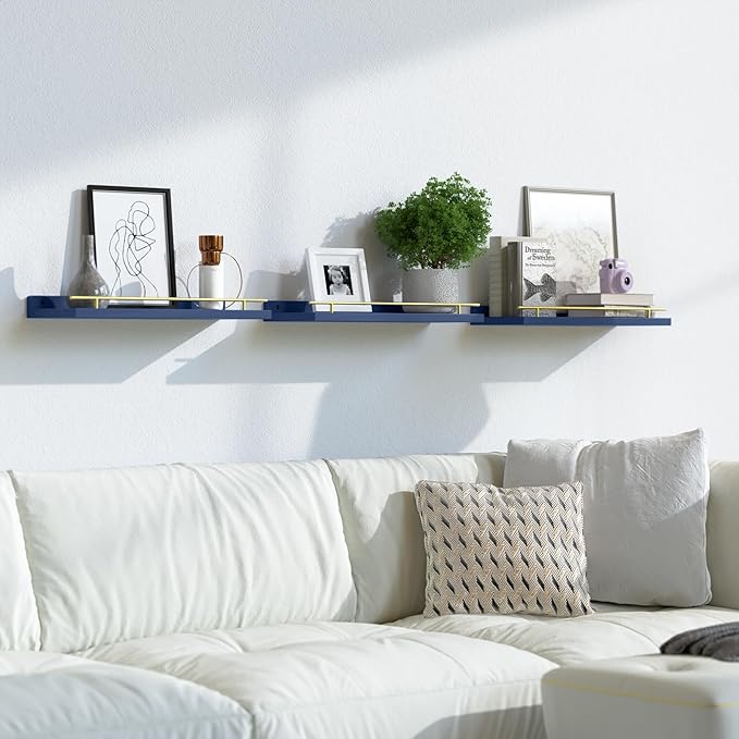 WOPITUES Floating Shelves with Gold Metal Guardrail, Shelves
