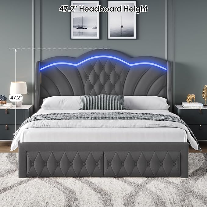 Keyluv Queen Bed Frame with LED Lights and 2 Storage Drawers, Velvet