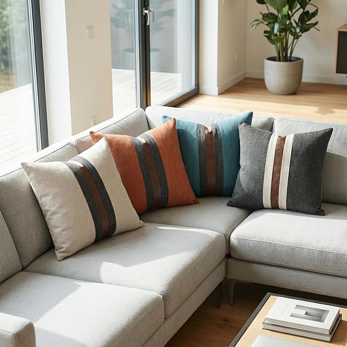 Set of 2 Leather Throw Pillow Covers Cotton Linen Decor Patchwork Pillow Cover