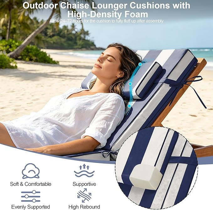 Chaise Lounge Cushions Outdoor 72x21x6 Inch, Fade Resistant 6'' Thicken Outdoor