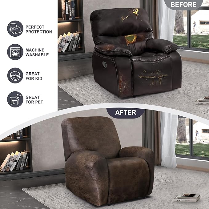ANARACHON Leather Look Recliner Chair Covers, 4-Pieces Stretch Recliner Cover