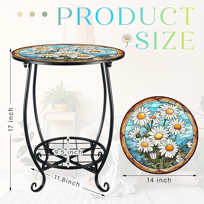 Cinnvoice Outdoor Side Table Round Small Mosaic Patio Accent Indoor End Plant