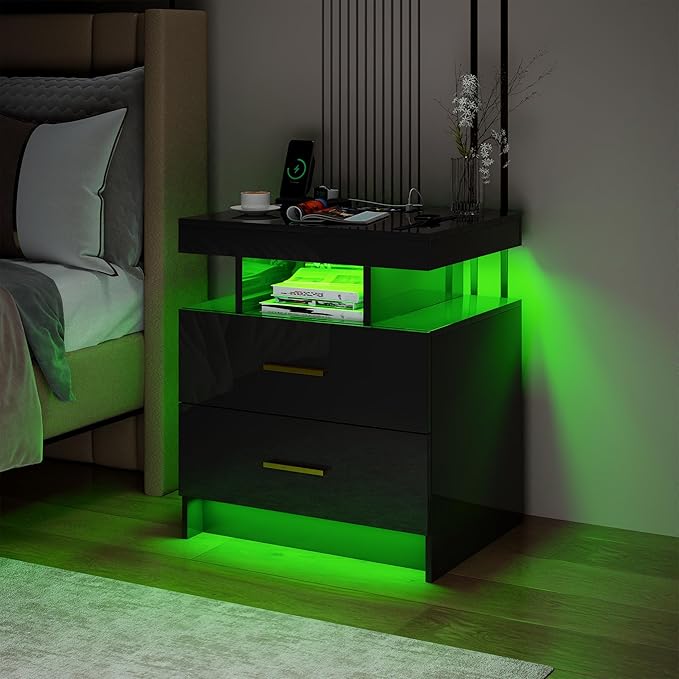 Smart Night Stand with Charging Station, Modern Black Nightstand with 24 Color