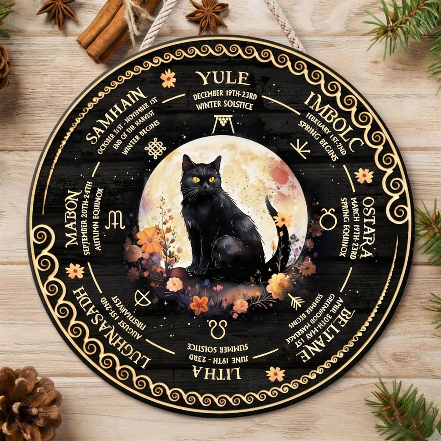 RIVEENY Wheel Of The Year Wall Hanging, Wooden Sabbats Pagan Witch Calendar, 12in Wicca Altar Decor for Yule, Celestial Signs, Christmas & Halloween