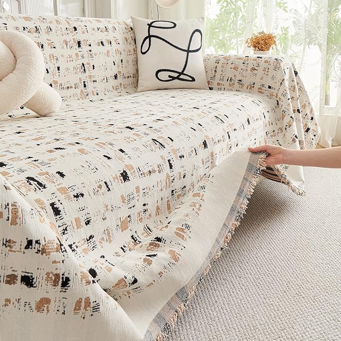 DREAMINGO Abstract Chenille Couch Cover Blanket Beige Khaki Black Boho Sofa