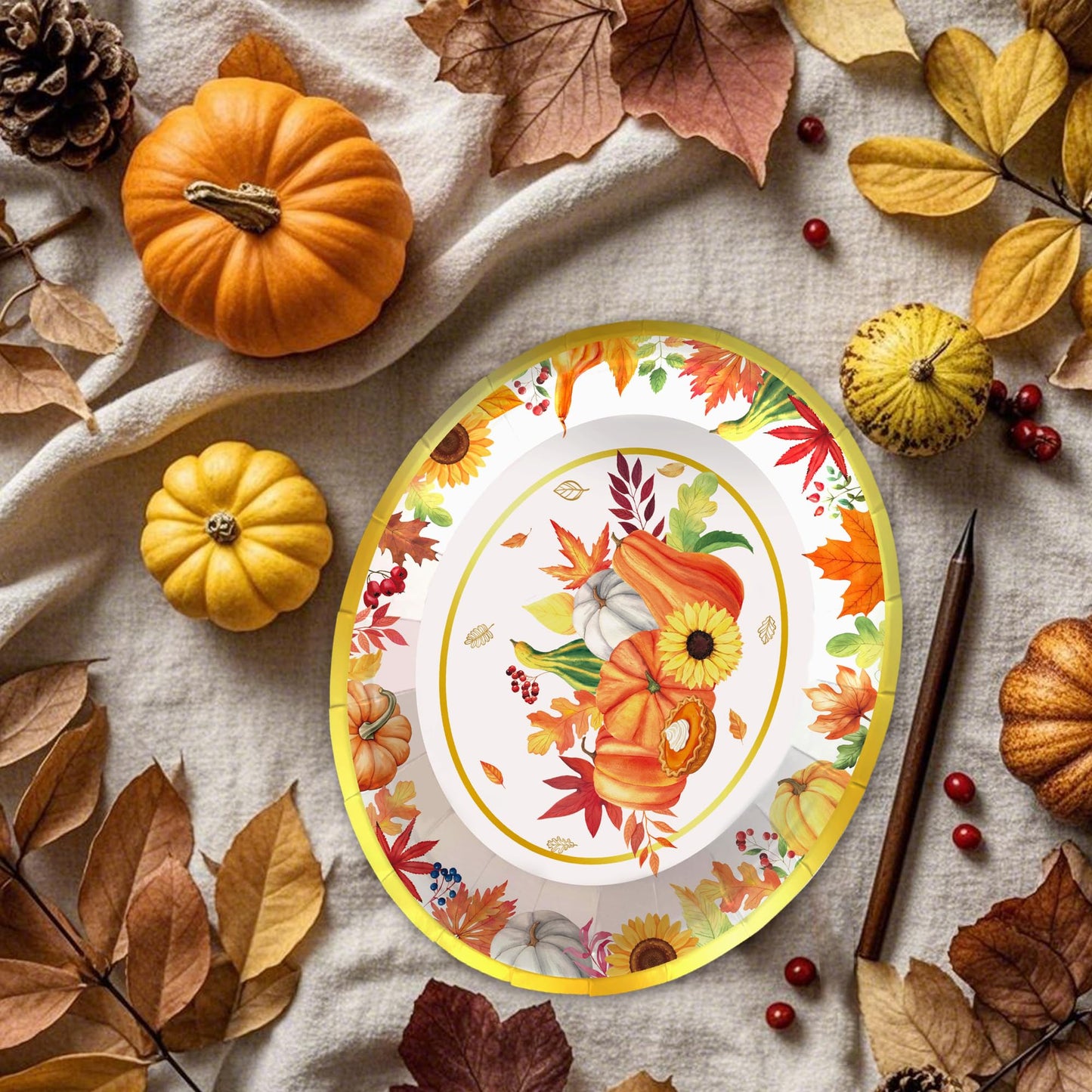 50PCS Autumn Harvest Party Plates Fall Pumpkin Themd Oval Plates Thanksgiving Maple Leaf Disposable Dinner Plates for Fall Gathering Party Decorations Holiday Festive Serving Trays and Platters