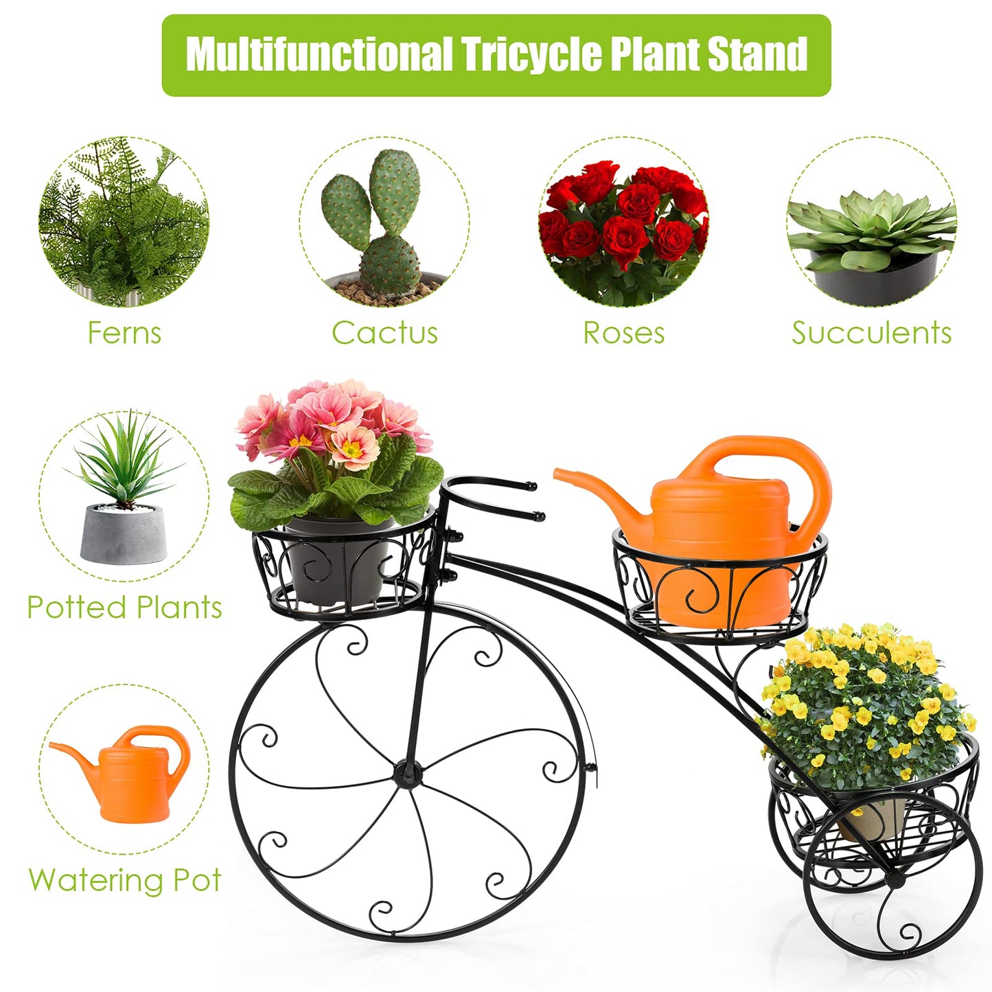 OFFICEJOY Bicycle Planter, Flower Pot Stand with 3 Decorative Wheels, 3 Collection Baskets, Metal Steel Frame, Tricycle Plant Stand for Outdoor, Indoor, Home, Balcony, Patio, Garden, Backyard