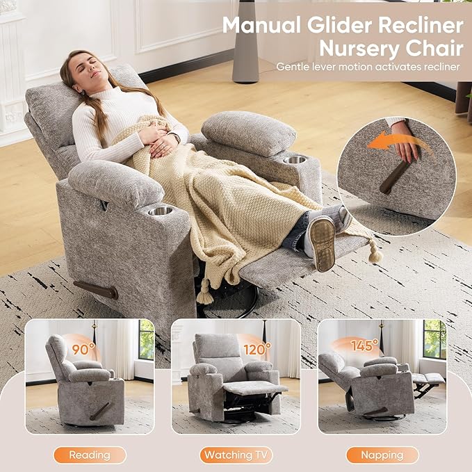 Swivel Rocker Recliner with Adjustable Armrests, Rocking Nursery Chair with