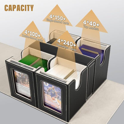 Kabinka Card Deck Box for MTG Commander, Holds 400+ Double-Sleeved Cards, 5 IN 1 Detachable Card Case with Dice Tray, Fits Magic/TCG Cards, 4 Magnetic Card Holders & Dividers (Black Gold)