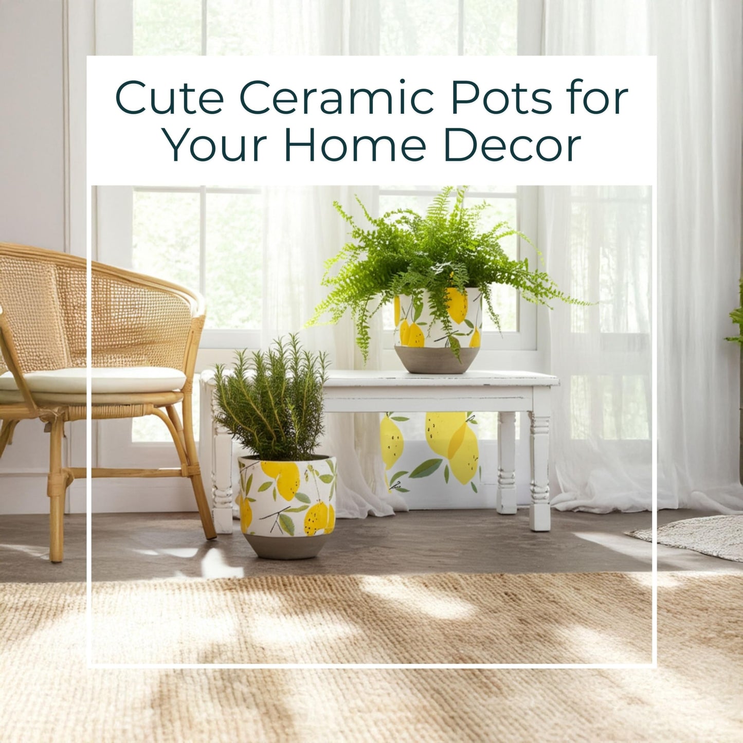 Sagebrook Home Set of 2 Decorative Cement Planters with Drainage Hole - Modern Lemon Print - Indoor/Outdoor Use - 7", 6" Yellow, White, Gray