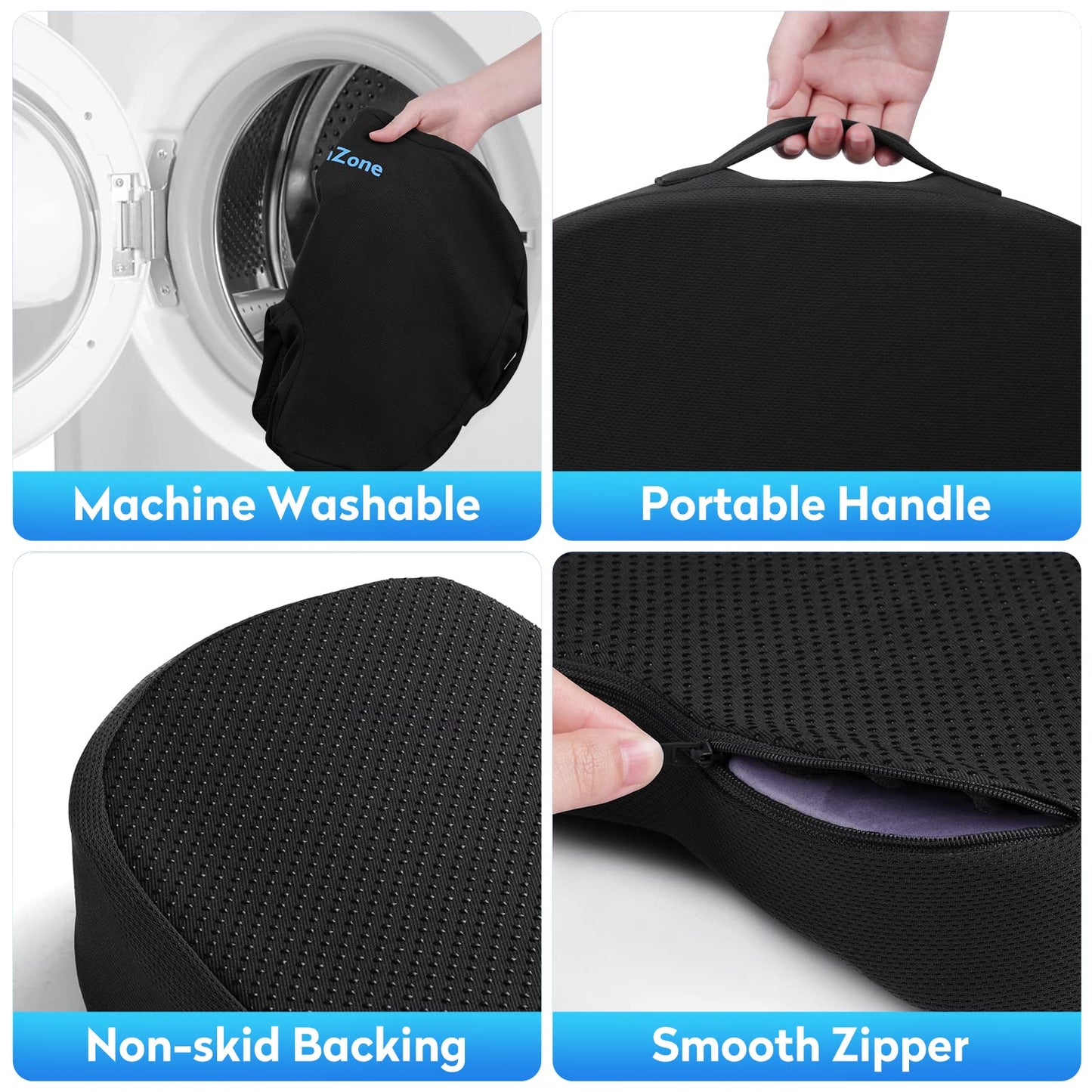 Ergonomic Memory Foam Seat Cushion with Non-Slip Base - Office Chair, Car, Airplane, Wheelchair & Bleacher Support - Pressure Relief for Back, Tailbone & Sciatica (Black)
