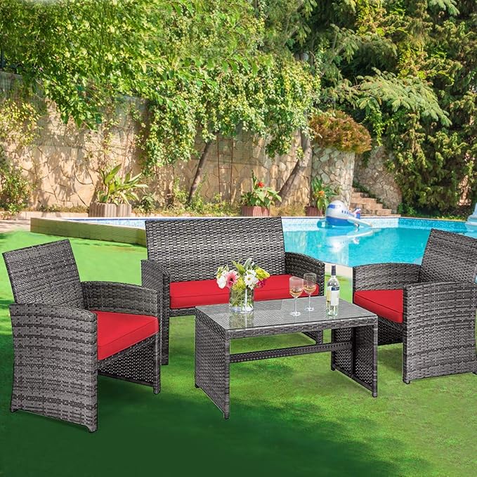 Tangkula 4 PCS Wicker Patio Conversation Set, Outdoor Rattan Sofas