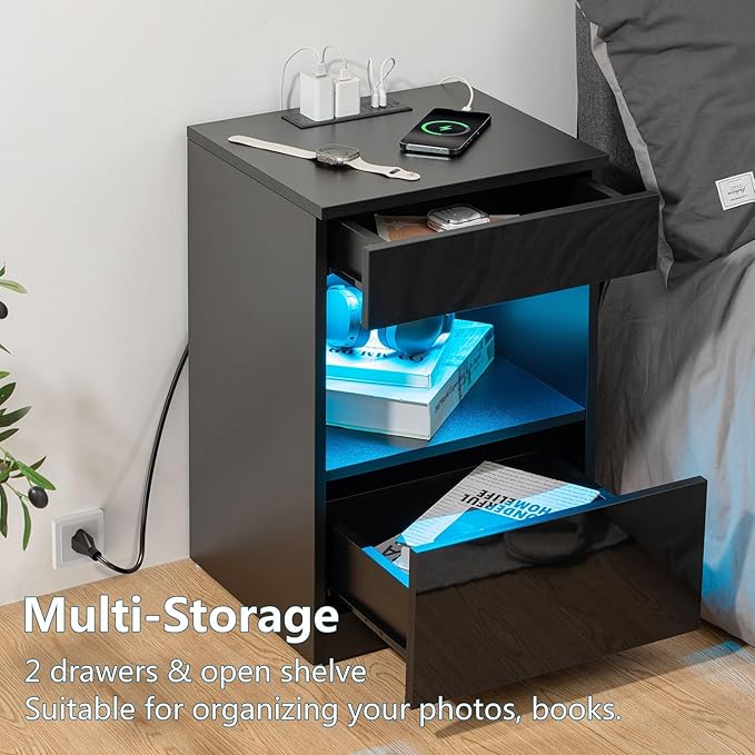 HOMMPA Set of 2 Open Shelf LED Nightstands