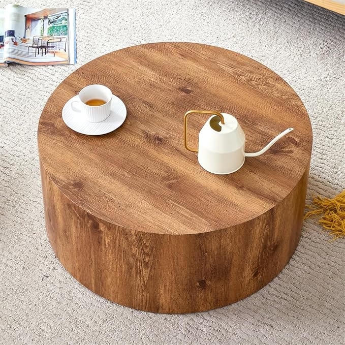 Round Coffee Table, 23.6" Modern Wood Drum Coffee Table, Round Accent Center
