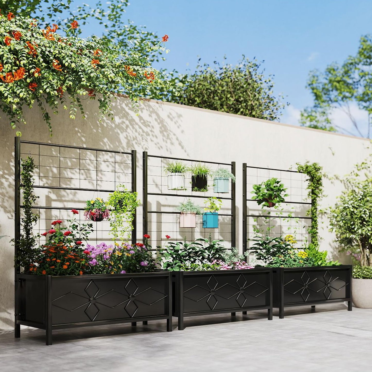Outsunny Planter Box with Trellis, 35.4 x 15.7 x 47.2 inch Raised Garden Bed with Drainage Holes, Planters for Outdoor Plants, Vegetables, Flowers, Herbs, Trellis Planter, Black
