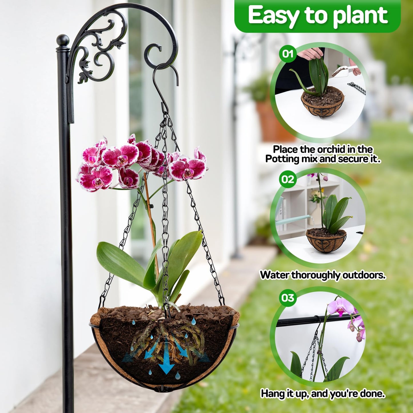 QCQHDU 2 Pack 10 inch Metal Hanging Orchid Baskets for Plants Outdoor, Hanging Orchid Planter Basket with Coco Liners, Orchid Pots with Holes for Garden, Patio, Deck, Porch Plants(Love)