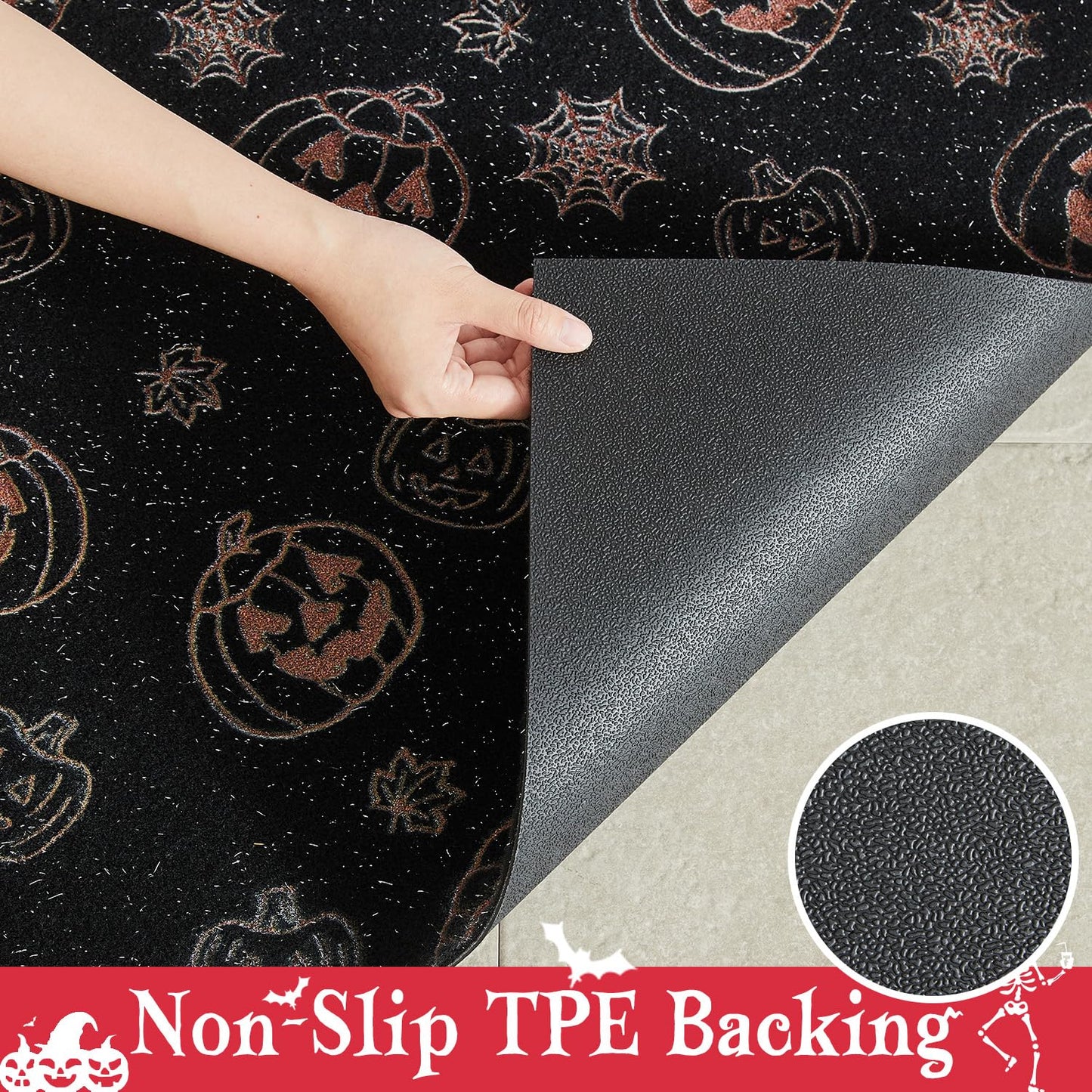 TYUU Pumpkin Front Door Mat Indoor Outside Entrance, Heavy Duty Dirt Trapper Doormat with Non Slip Backing Entryway Mat for Front Back Door, 17'' x 30'', Pumpkins Black