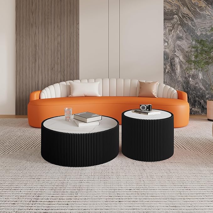 Round Marble Coffee Table Set of 2, 2 Piece White Coffee Table and End Table Set