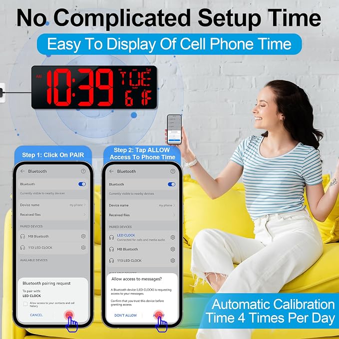 17.2" Large Digital Wall Clock Bluetooth Auto Sync Time Big Timer Red | Large Display Auto-Dimming/DST Led Wall Clock with Date Week For Living Room Classroom Garage Gym Gift for Senior Mom Dad