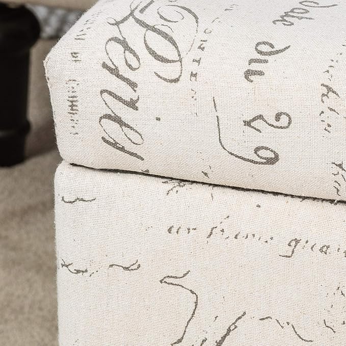 Adeco Fabric Script Pattern Cube Storage Footstool, Hinged Lid, Solid Wood Legs