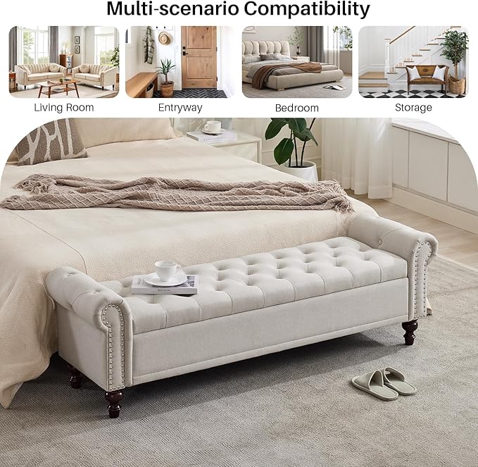 SOFTHION Storage Bench for Bedroom, Upholstered Linen Storage Ottoman