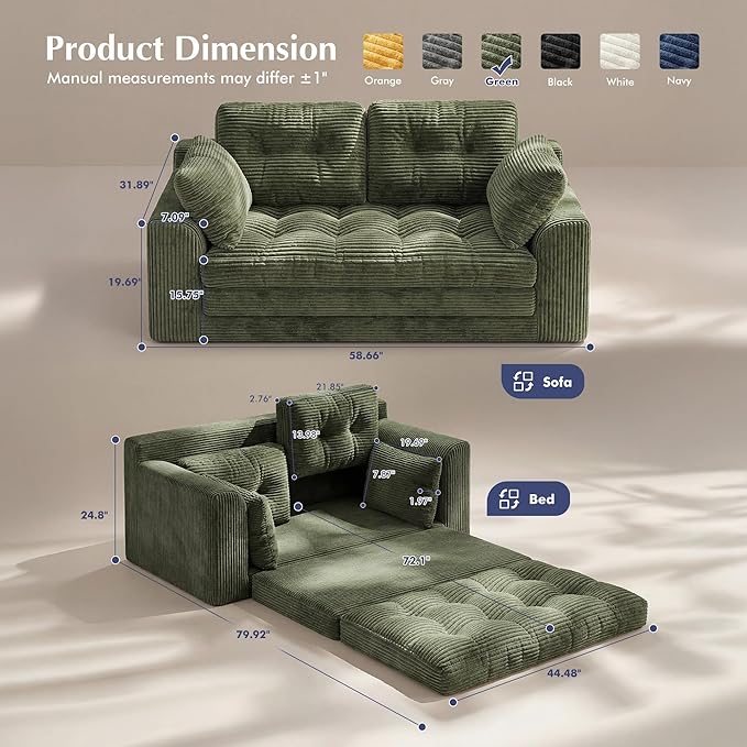 Homkdom Convertible Loveseat Sleeper, Space-Saving Folding Sofa Bed