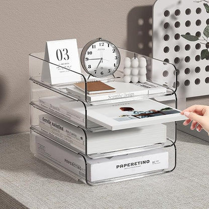 FANXIYQ 4-Tier Acrylic Paper Tray Organizer | Clear Stackable Desk Organizer for Documents, Letters, A4 Paper | Modern Office/Classroom/Home Organization