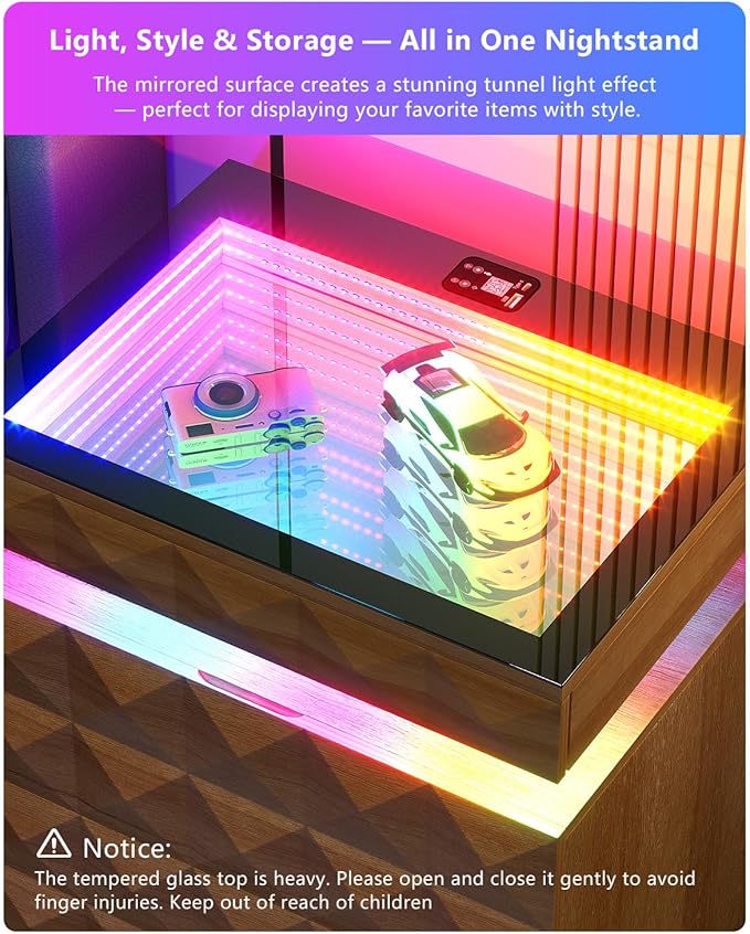 HWB Nightstand with RGB Lights, 3 Drawers Night Stand with Hidden Storage
