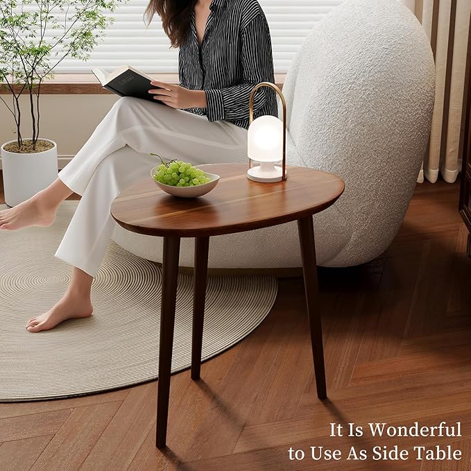 Small Oval Coffee Tables Set, Acacia Wood Nesting Tables（25.6"x17.7"+17.7"x13.4"