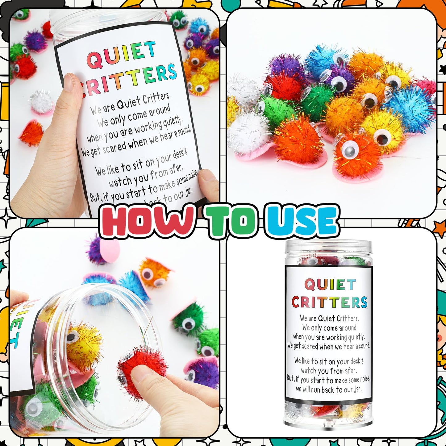 WinnerWhy 50 Pcs 1'' Pom Poms Critters with Plastic Jar Quiet Critters Classroom Management, Behavior Classroom Management Tool, Homeschooling, Educational and Learning Activities for Kid (Neon Color)