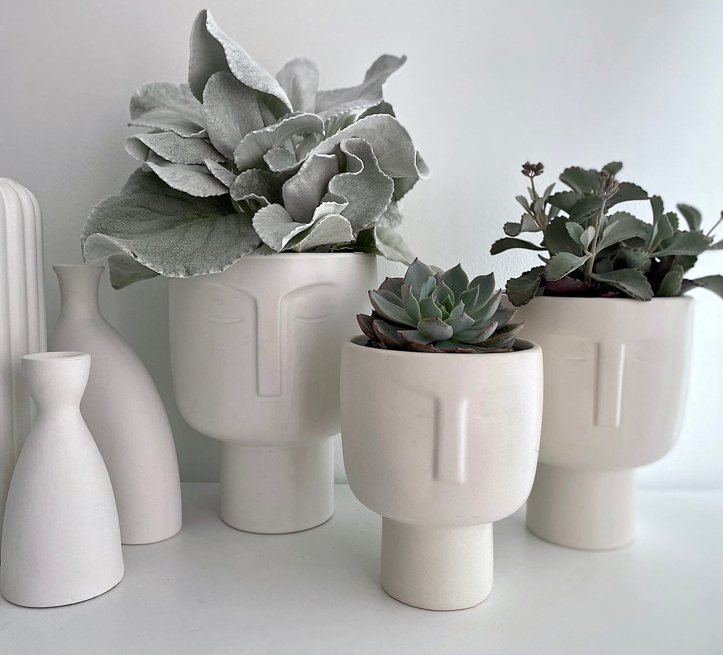 Planters for Indoor Plants - Tall 7 Inch Ceramic Self Watering Pots Matte White Plant Pot with Drainage & Inner Pot Face Vase Or Head Planter Unique Face Pots for Plants. Medium 5.5 Inch Wide