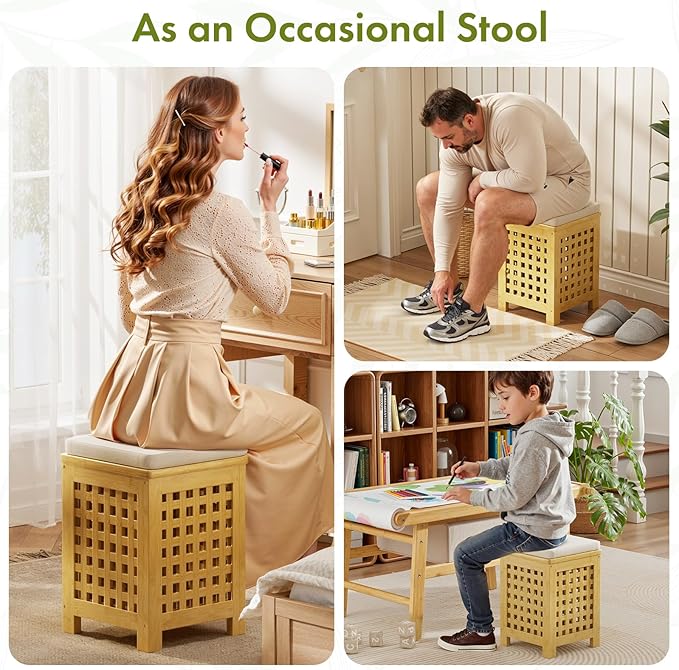 Bamboo End Table with Removable Cushion and Hidden Storage, 2-in-1 Ottoman Side