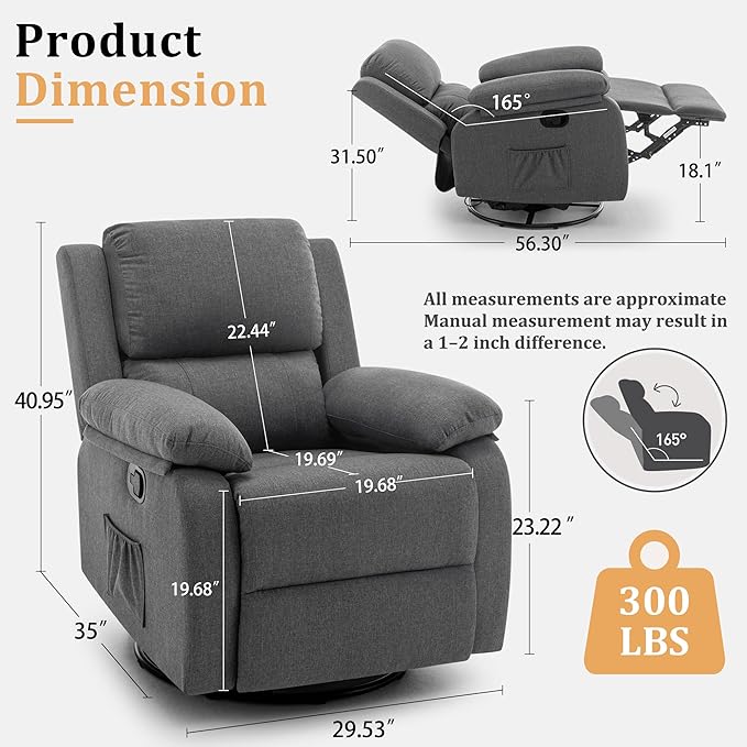 Korser Recliner Chair, 360 Swivel Rocker Chair