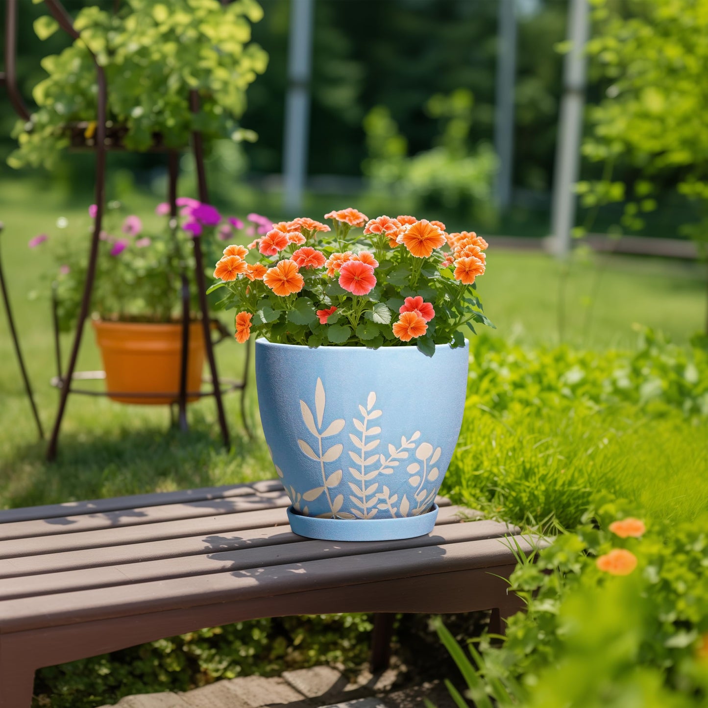 EPFamily 10 Inch Large Ceramic Plant Pot with Saucer - Round Planter with Drainage for Indoor Outdoor Plants, Boho Flower Pot, Home Office Room Garden Decor, Housewarming Gift, Blue