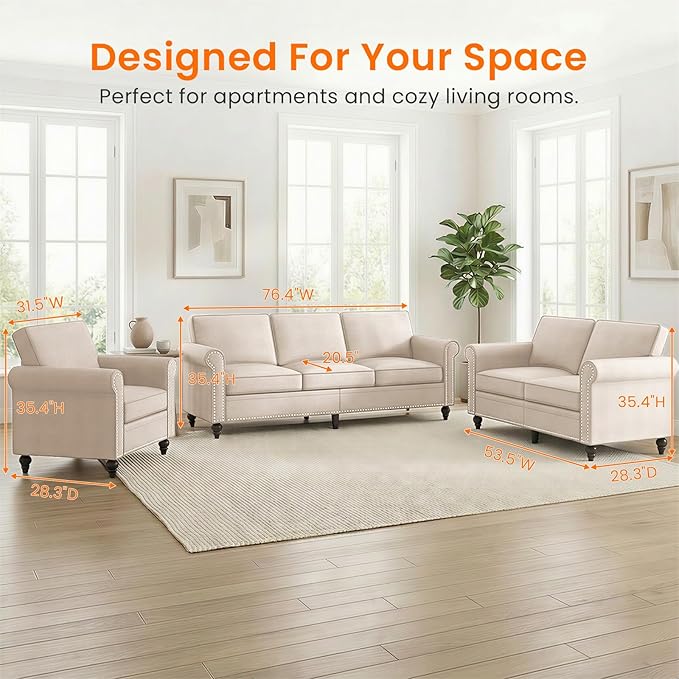 Living Room Sofa Sets 3 Piece, Modern 3 Seater Sofa and Loveseat Couch and