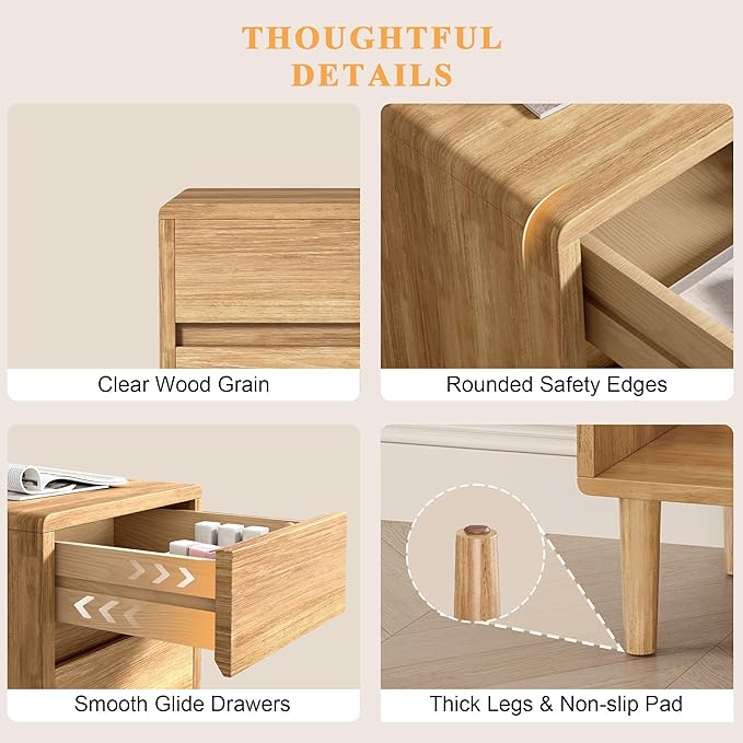 Nightstand 2 Drawers with Open Shelf Narrow Night Stand Solid Wood Bedside