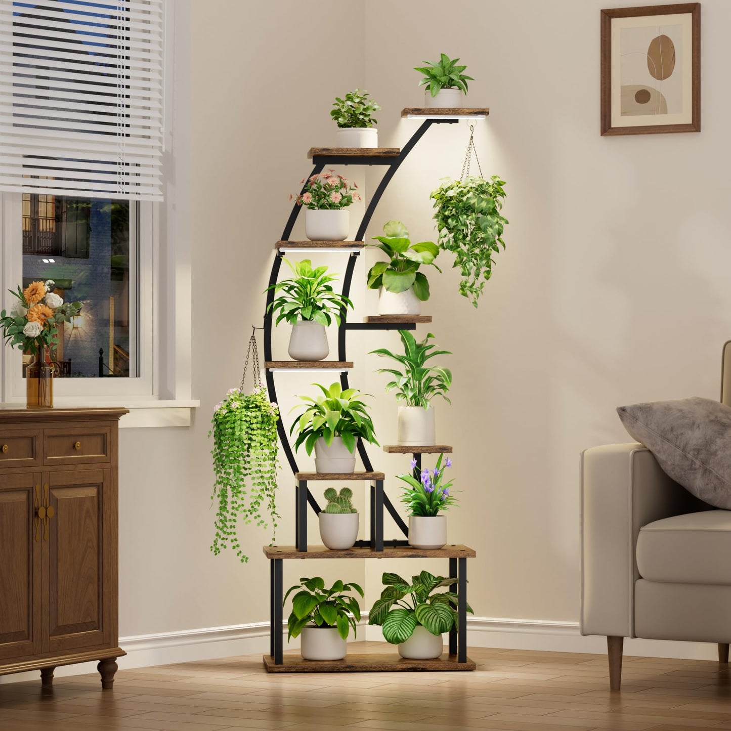 BACEKOLL Plant Stand Indoor with Grow Lights, 63" Tall Indoor Plant Shelf, 9 Tiered Corner Plant Holder, Large Flower Display Shelf for Living Room, Bedroom, Office, Home Decor
