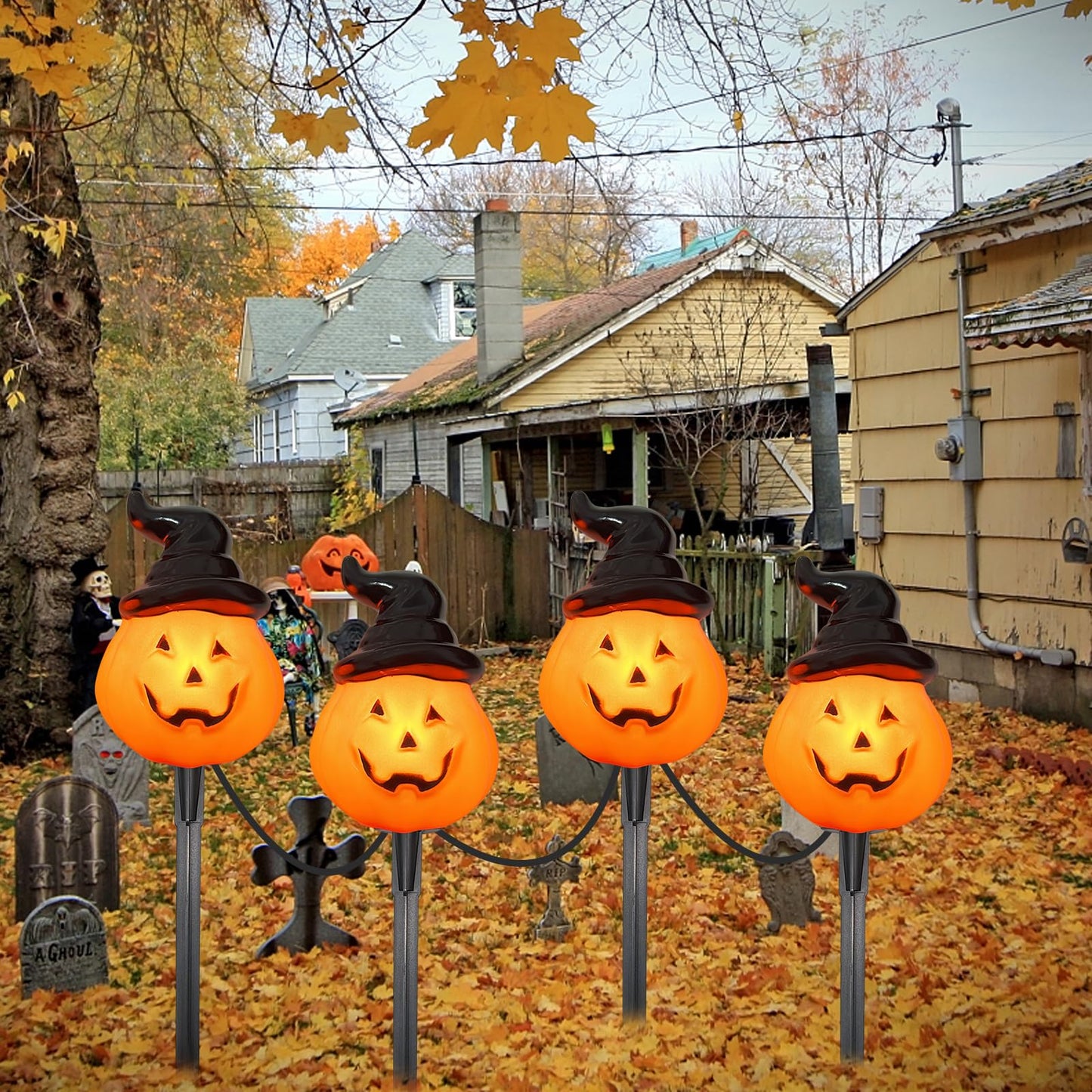 Halloween Hooded Pumpkin Pathway Lights Outdoor, 7Ft C7 Outdoor Halloween Decorations Pathway String Lights with 4 Jack O Lantern Pumpkin Stakes Lights for Garden Yard Walkway Lawn Party Driveway