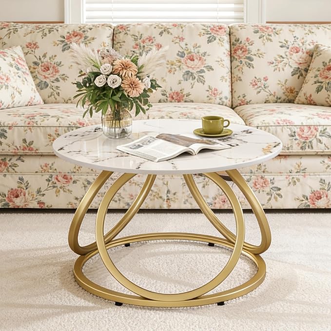 O&K FURNITURE Modern Gold Coffee Table, Faux Marble Pattern Center Table